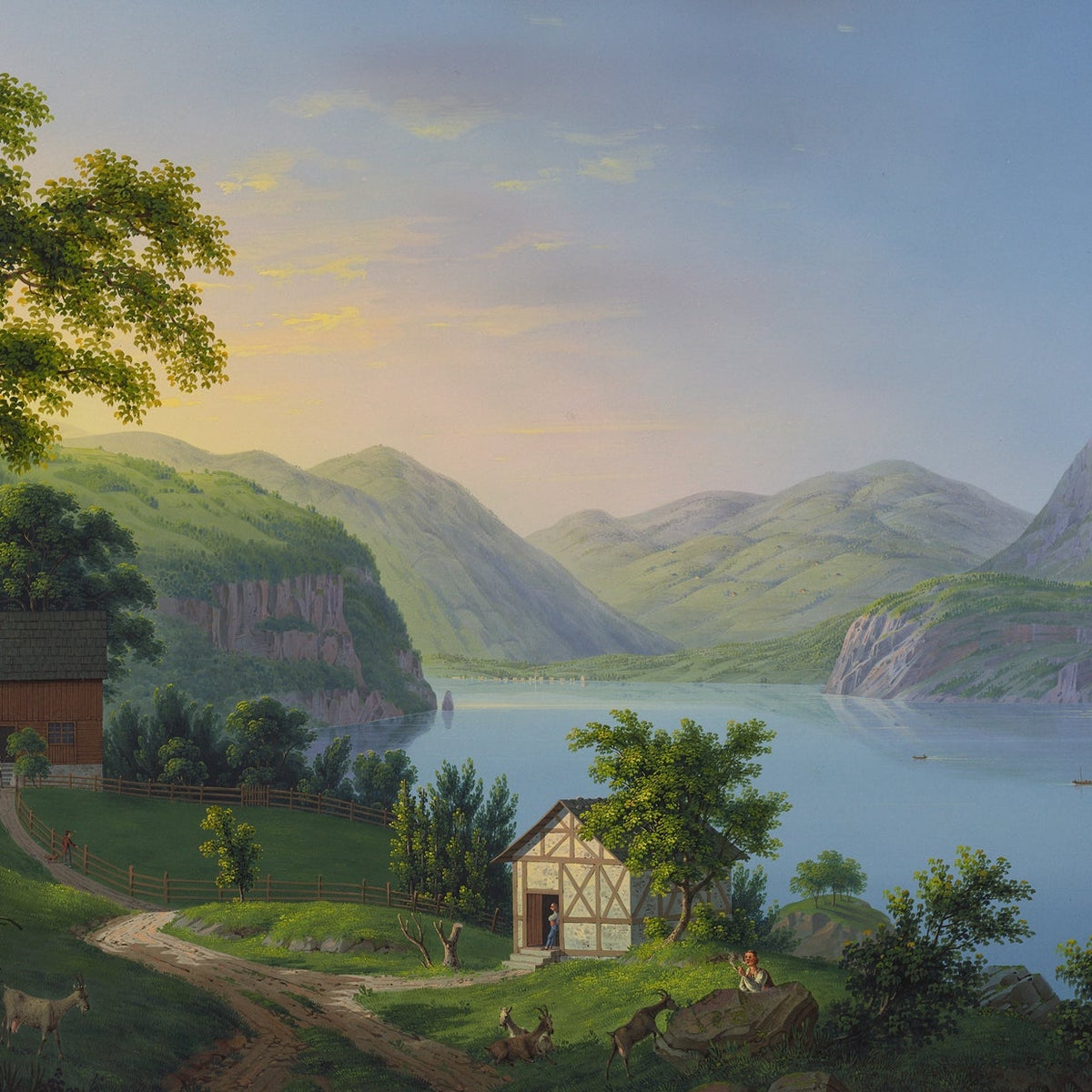 Hand-painted serene lake cottage and mountain view landscape oil painting on canvas