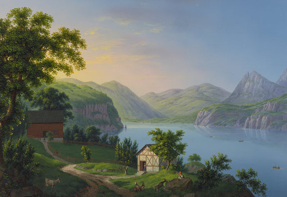 Hand-painted serene lake cottage and mountain view landscape oil painting on canvas