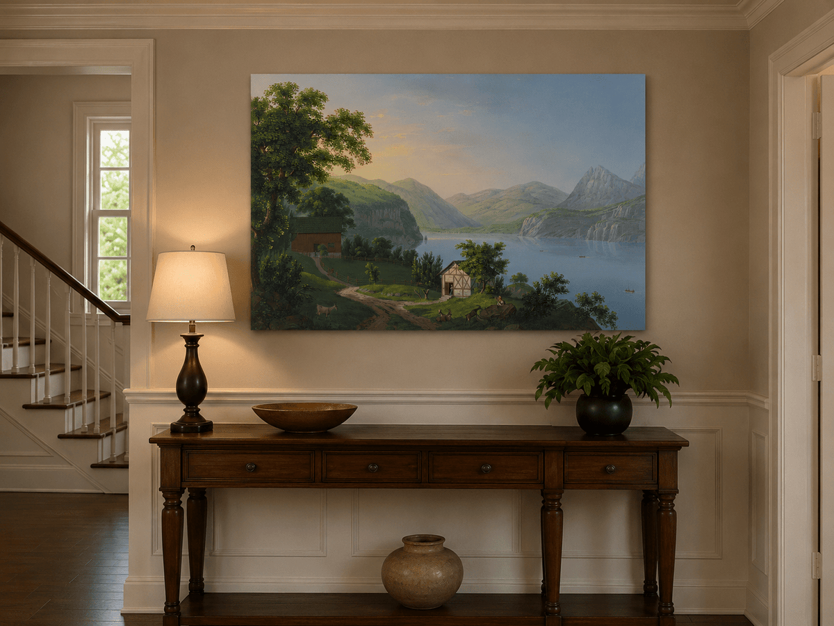Landscape Oil Painting - Serene Lake Cottage and Mountain View