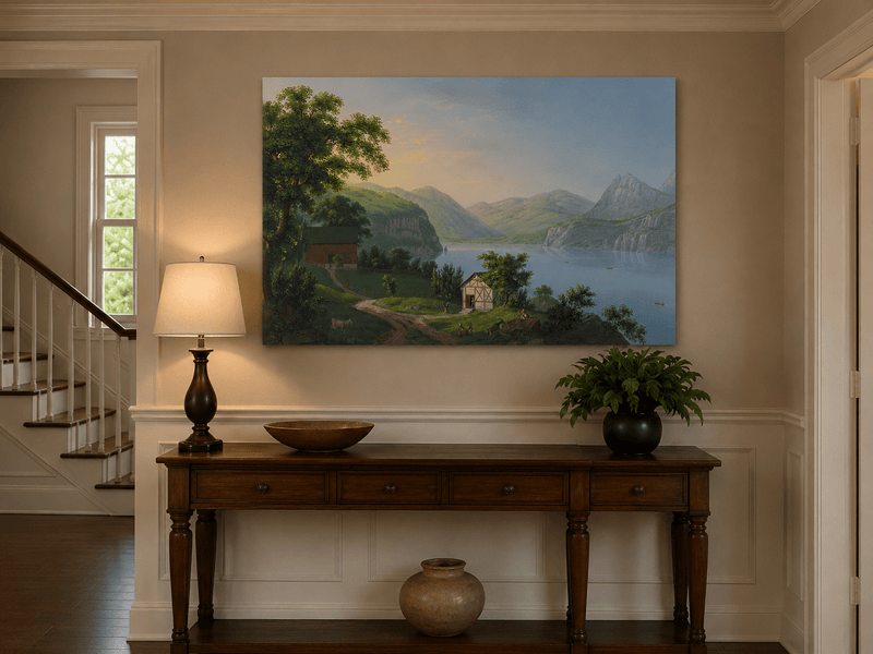 Landscape Oil Painting - Serene Lake Cottage and Mountain View