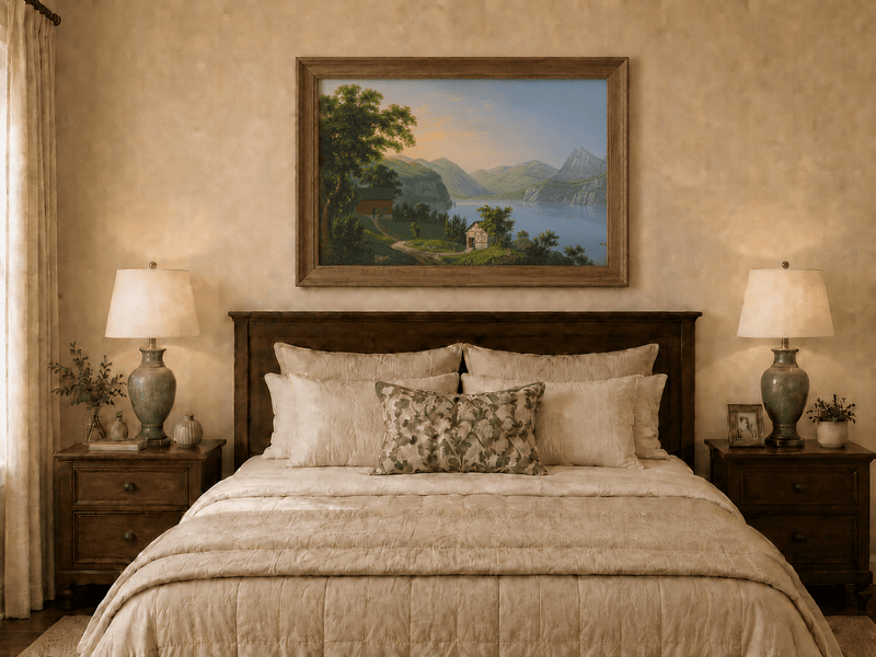 Landscape Oil Painting - Serene Lake Cottage and Mountain View