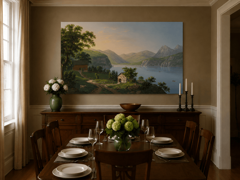 Landscape Oil Painting - Serene Lake Cottage and Mountain View