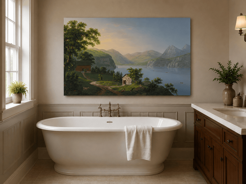 Landscape Oil Painting - Serene Lake Cottage and Mountain View