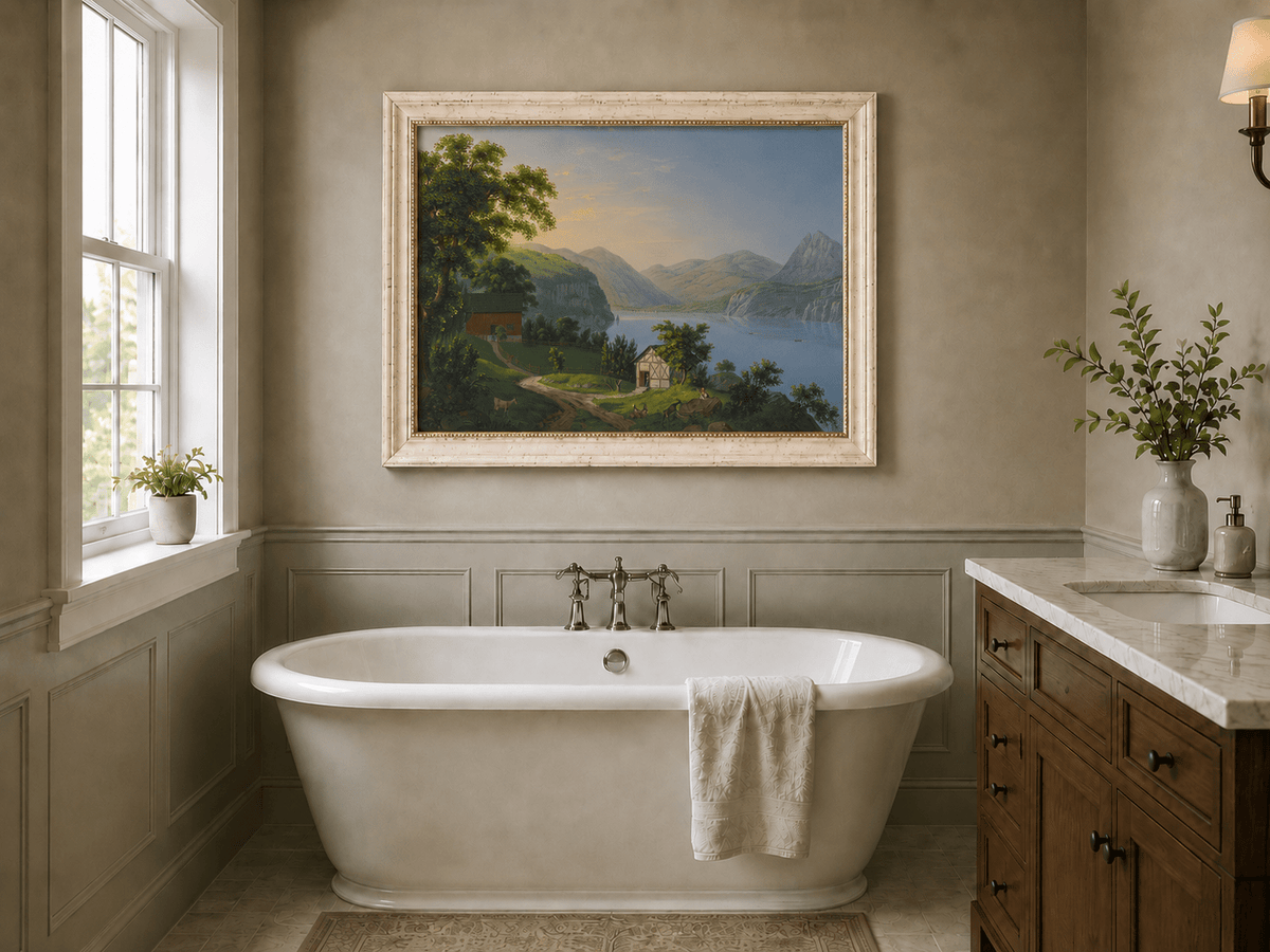 Landscape Oil Painting - Serene Lake Cottage and Mountain View