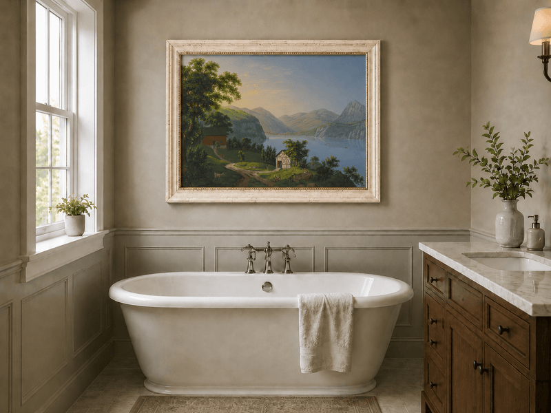 Landscape Oil Painting - Serene Lake Cottage and Mountain View