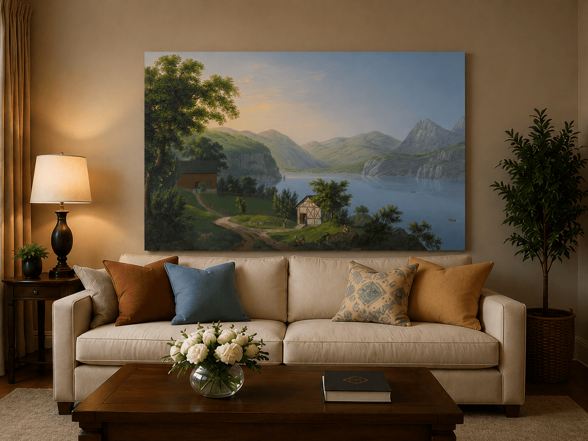 Landscape Oil Painting - Serene Lake Cottage and Mountain View
