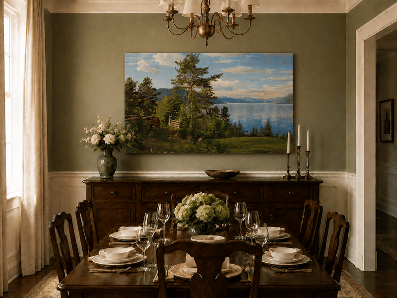 Peinture à l'huile de paysage - Forêt sereine au bord du lac