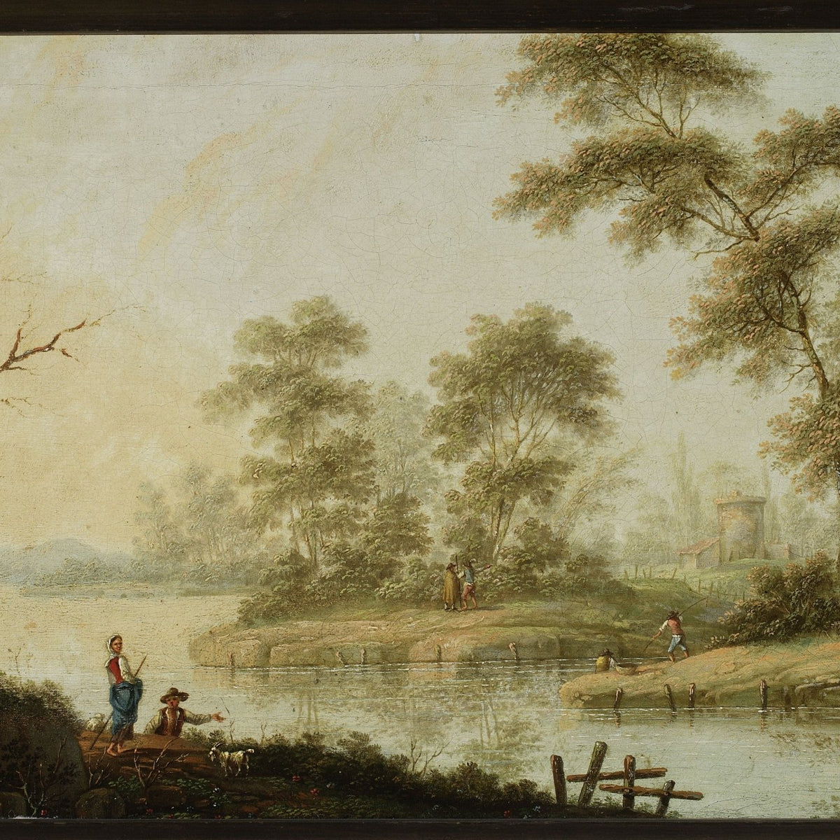 Hand-painted serene lakeside with trees and figures landscape oil painting on canvas