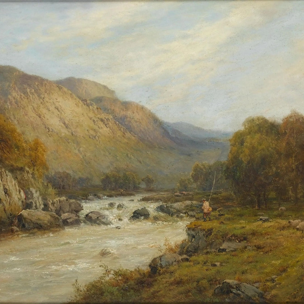 Landscape Oil Painting - Serene River Scene with Angler, Mountains & Sheep - Oil Painting Haven