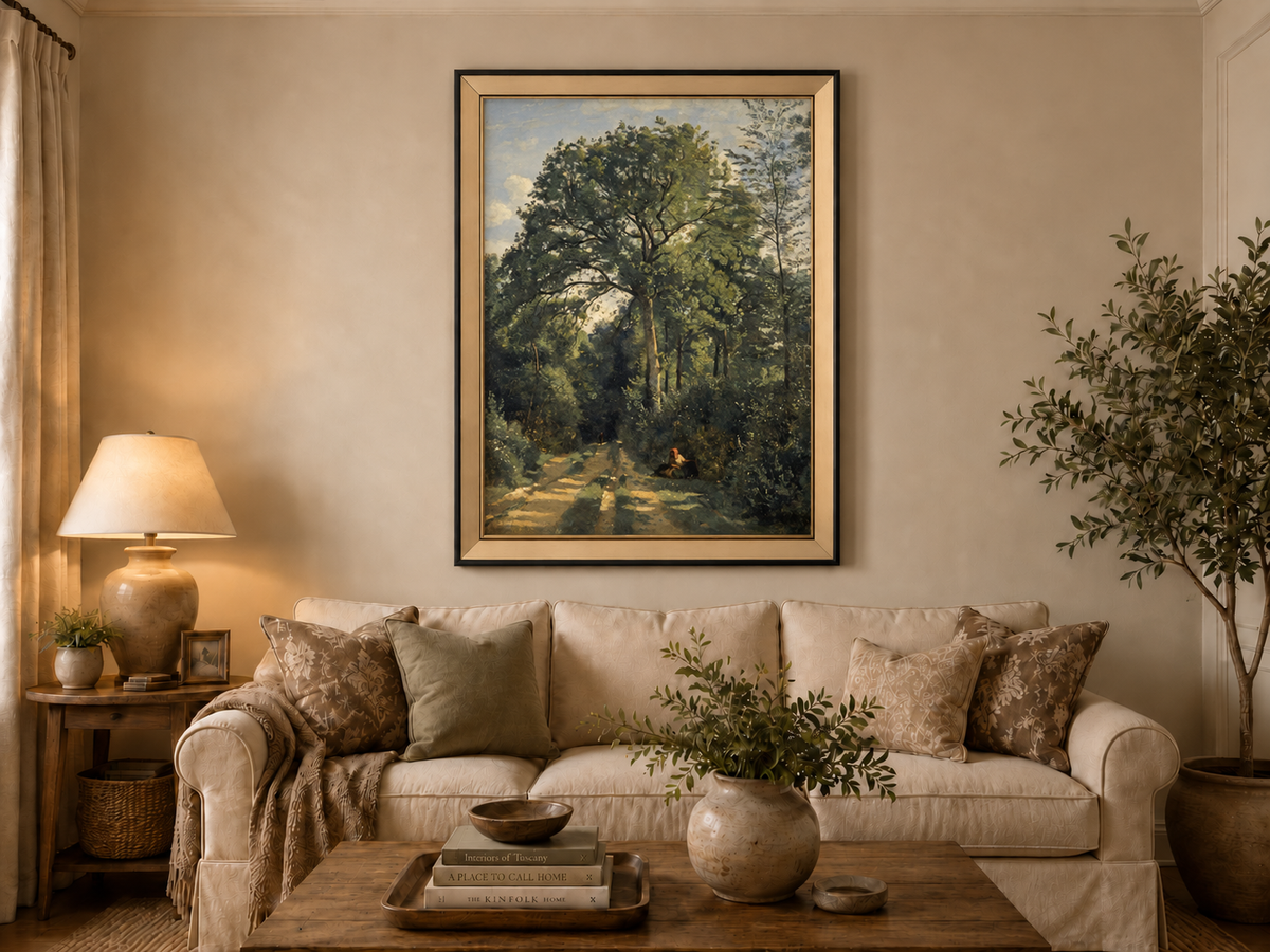 Hand-painted Shaded Woodland Path with Resting Figure landscape oil painting displayed as wall art in a styled interior