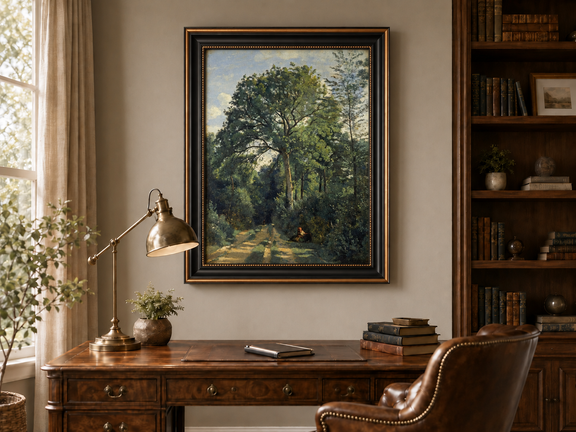Hand-painted Shaded Woodland Path with Resting Figure landscape oil painting displayed as wall art in a styled interior