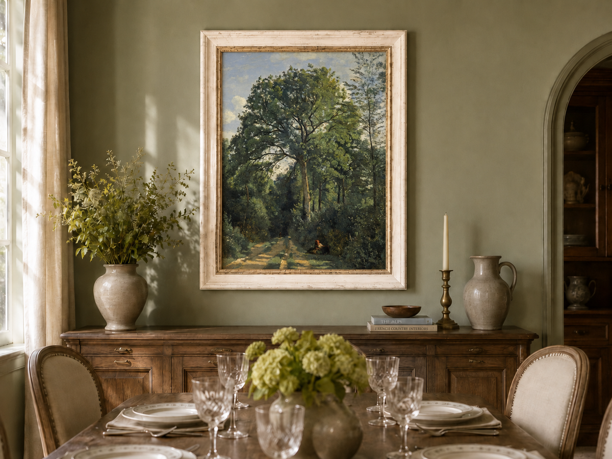 Hand-painted Shaded Woodland Path with Resting Figure landscape oil painting displayed as wall art in a styled interior
