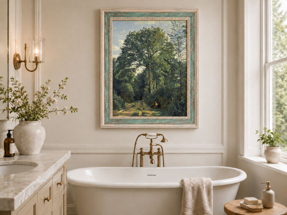 Hand-painted Shaded Woodland Path with Resting Figure landscape oil painting displayed as wall art in a styled interior
