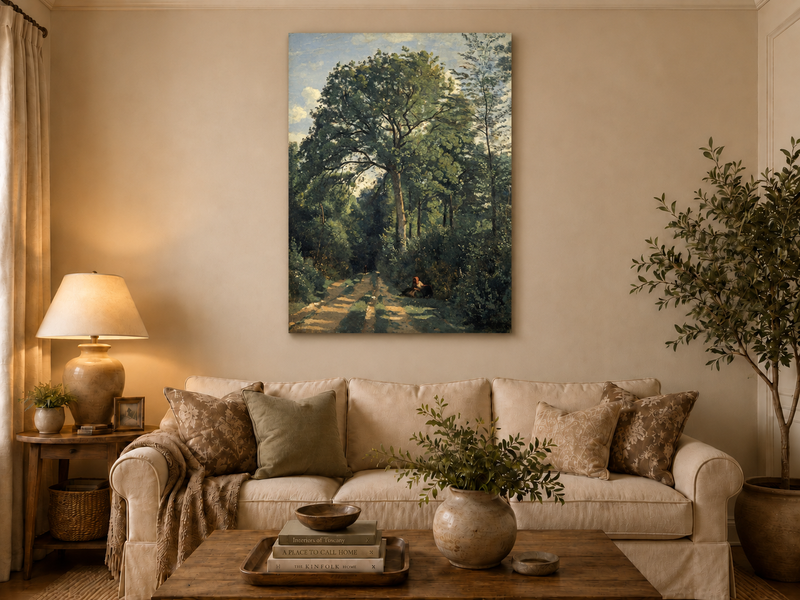Hand-painted Shaded Woodland Path with Resting Figure landscape oil painting displayed as wall art in a styled interior