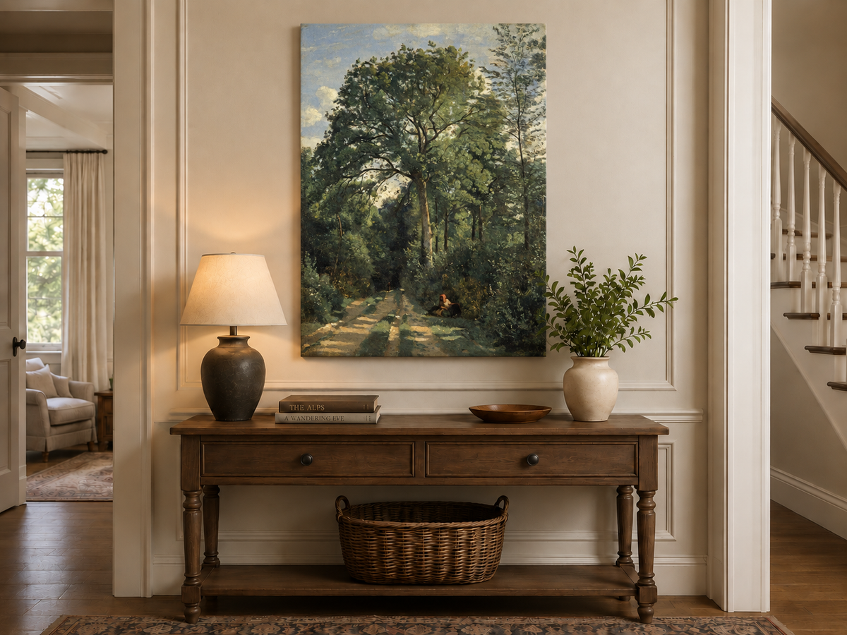 Hand-painted Shaded Woodland Path with Resting Figure landscape oil painting displayed as wall art in a styled interior