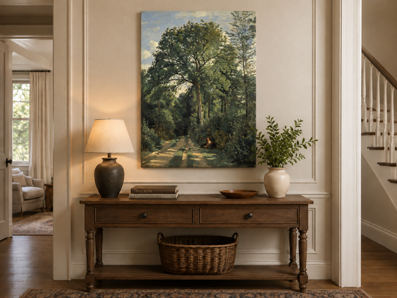 Hand-painted Shaded Woodland Path with Resting Figure landscape oil painting displayed as wall art in a styled interior