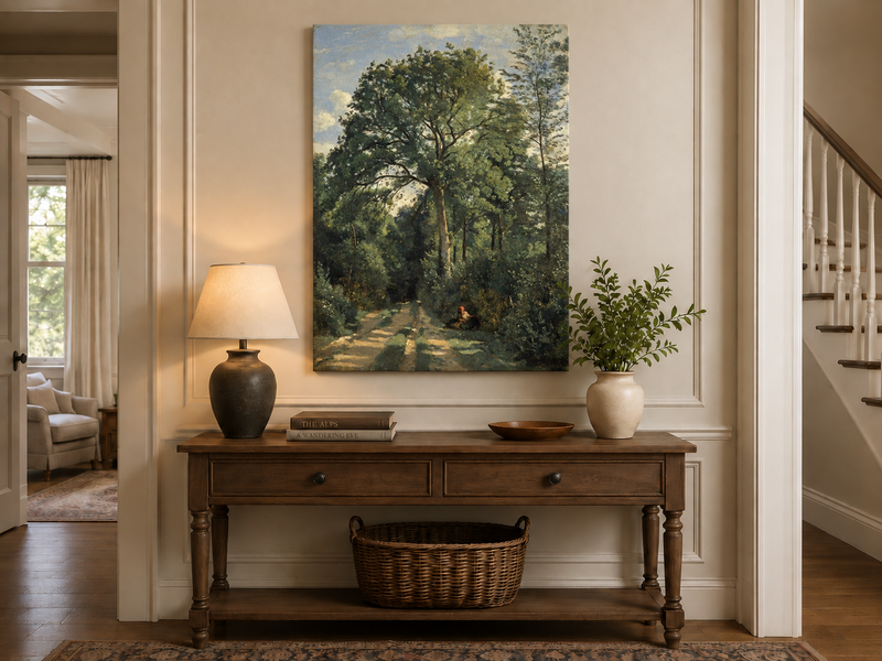 Hand-painted Shaded Woodland Path with Resting Figure landscape oil painting displayed as wall art in a styled interior