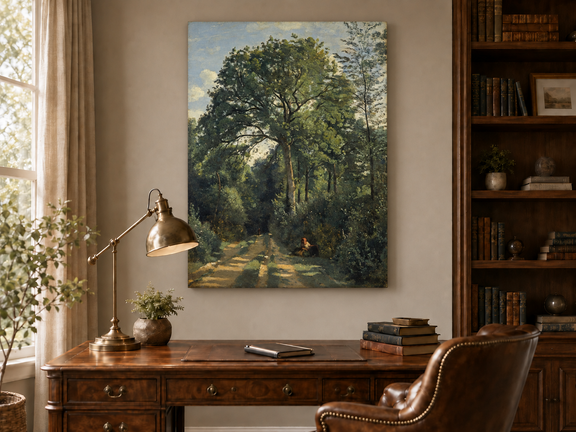 Hand-painted Shaded Woodland Path with Resting Figure landscape oil painting displayed as wall art in a styled interior