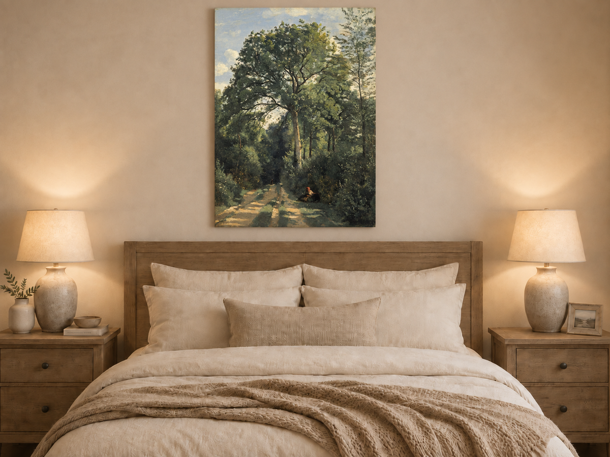 Hand-painted Shaded Woodland Path with Resting Figure landscape oil painting displayed as wall art in a styled interior