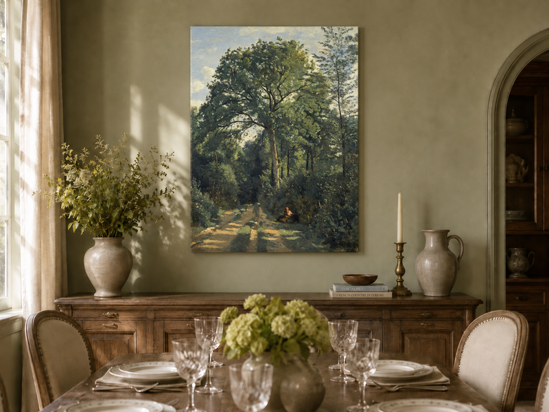 Hand-painted Shaded Woodland Path with Resting Figure landscape oil painting displayed as wall art in a styled interior