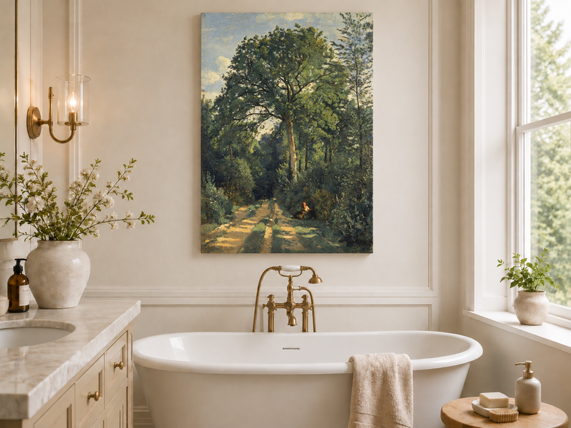 Hand-painted Shaded Woodland Path with Resting Figure landscape oil painting displayed as wall art in a styled interior