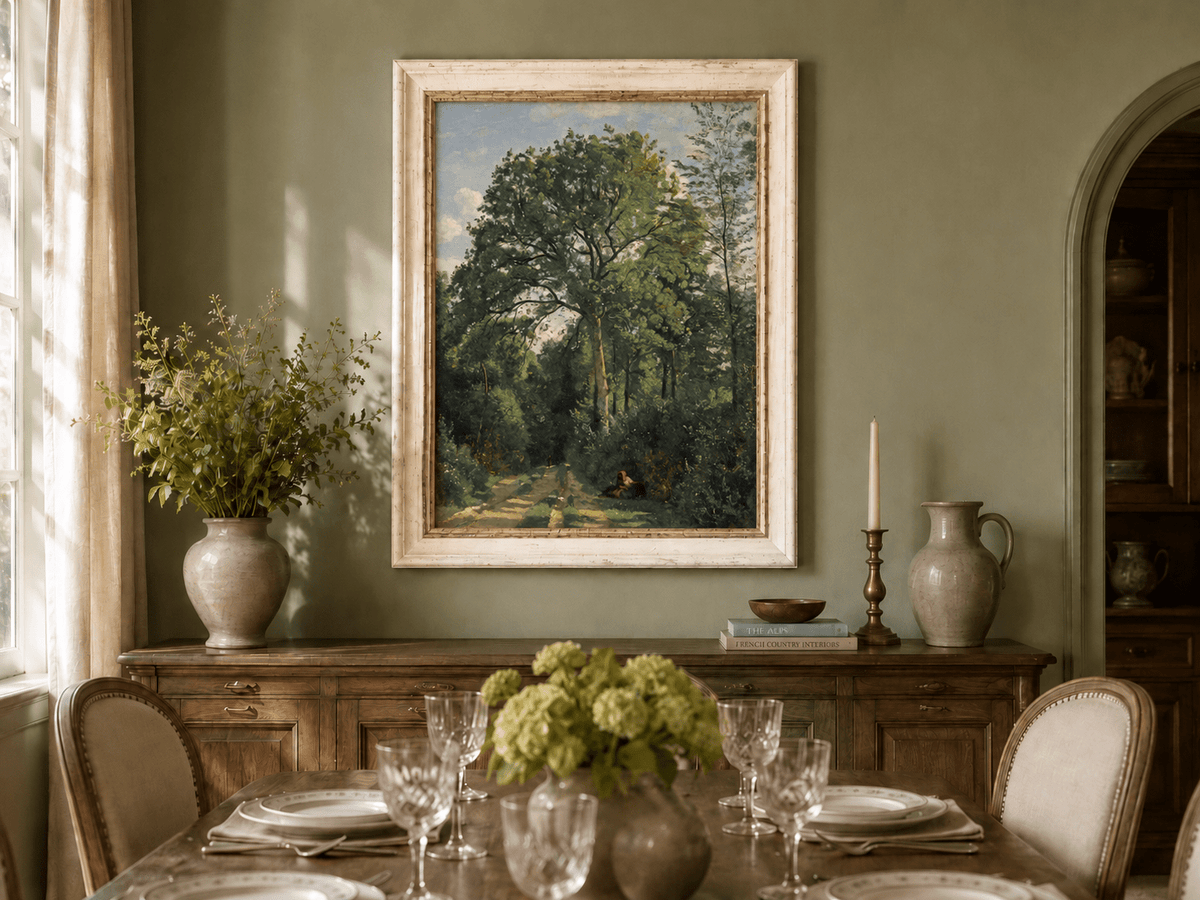 Hand-painted Shaded Woodland Path with Resting Figure landscape oil painting displayed as wall art in a styled interior