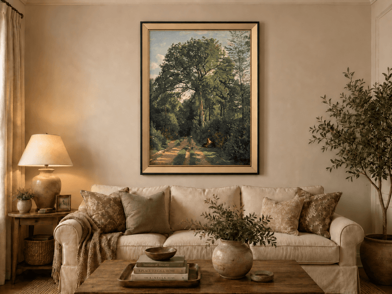 Hand-painted Shaded Woodland Path with Resting Figure landscape oil painting displayed as wall art in a styled interior