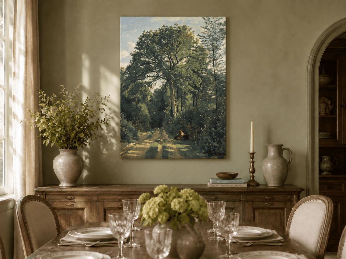 Hand-painted Shaded Woodland Path with Resting Figure landscape oil painting displayed as wall art in a styled interior