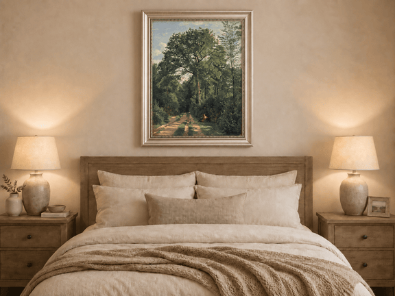 Hand-painted Shaded Woodland Path with Resting Figure landscape oil painting displayed as wall art in a styled interior