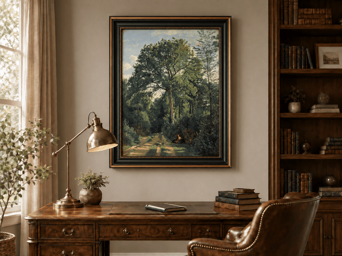 Hand-painted Shaded Woodland Path with Resting Figure landscape oil painting displayed as wall art in a styled interior
