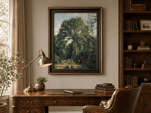 Hand-painted Shaded Woodland Path with Resting Figure landscape oil painting displayed as wall art in a styled interior