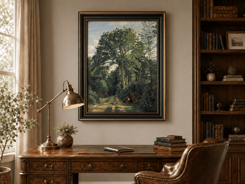 Hand-painted Shaded Woodland Path with Resting Figure landscape oil painting displayed as wall art in a styled interior