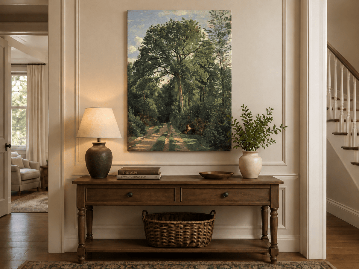 Hand-painted Shaded Woodland Path with Resting Figure landscape oil painting displayed as wall art in a styled interior