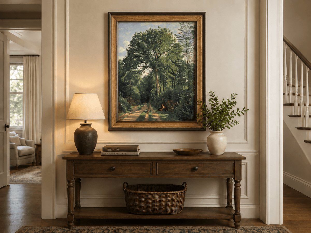Hand-painted Shaded Woodland Path with Resting Figure landscape oil painting displayed as wall art in a styled interior
