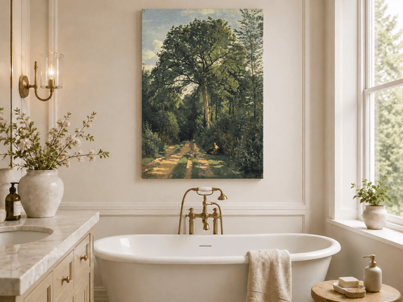 Hand-painted Shaded Woodland Path with Resting Figure landscape oil painting displayed as wall art in a styled interior