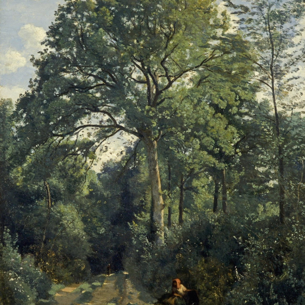 Hand-painted shaded woodland path with resting figure landscape oil painting on canvas