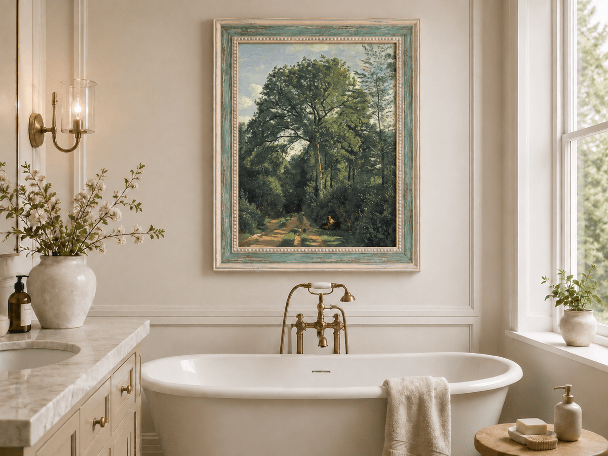 Hand-painted Shaded Woodland Path with Resting Figure landscape oil painting displayed as wall art in a styled interior