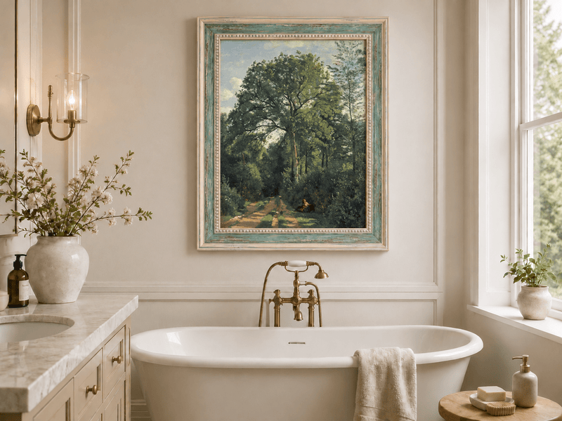Hand-painted Shaded Woodland Path with Resting Figure landscape oil painting displayed as wall art in a styled interior
