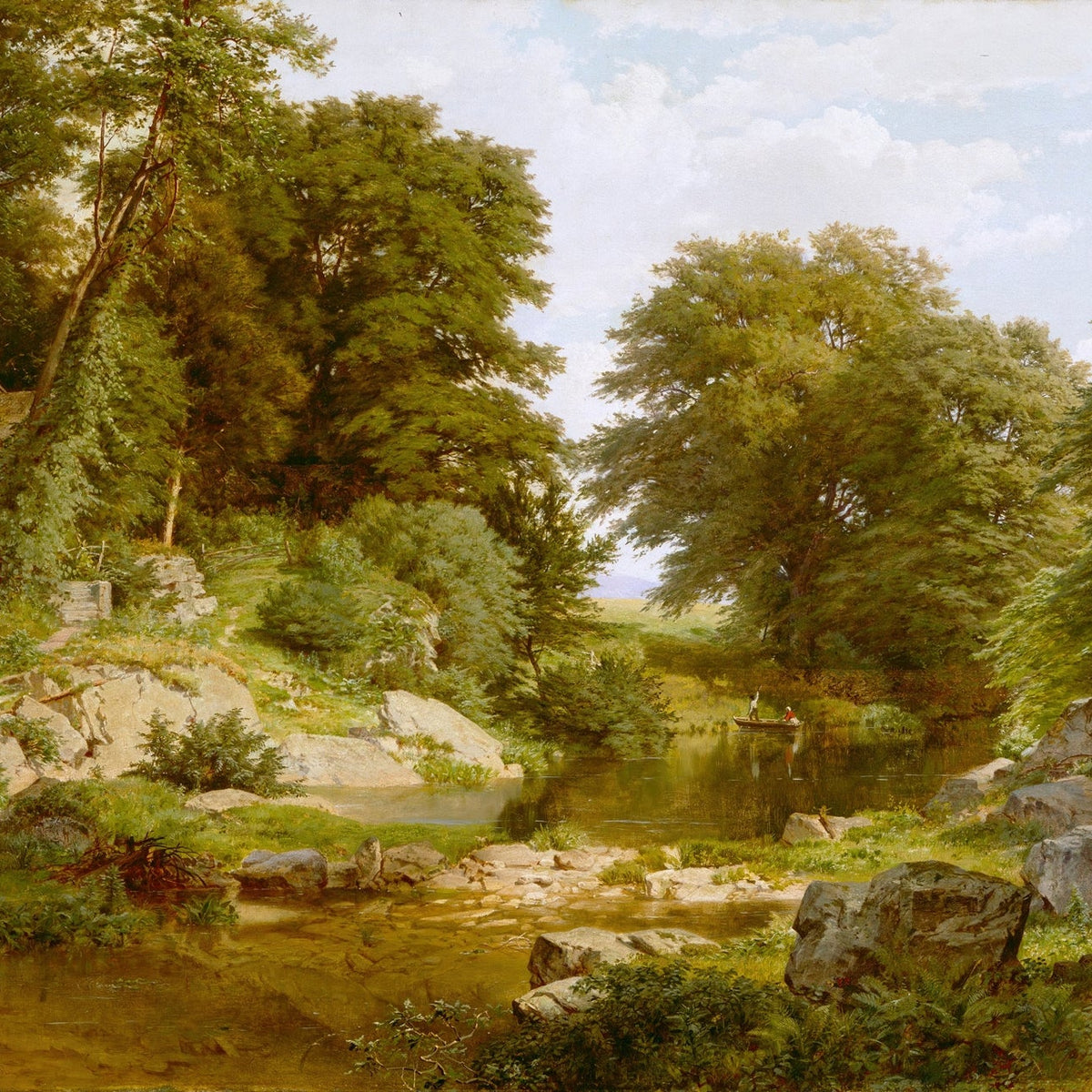 Landscape Oil Painting - Shallow Stream, Rocks, Lush Trees & Angler - Oil Painting Haven