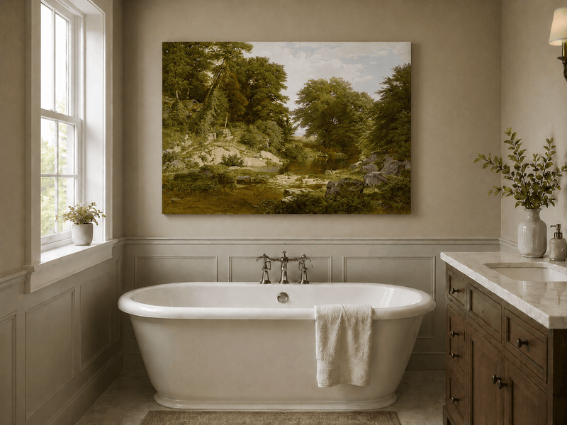 Landscape Oil Painting - Shallow Stream, Rocks, Lush Trees