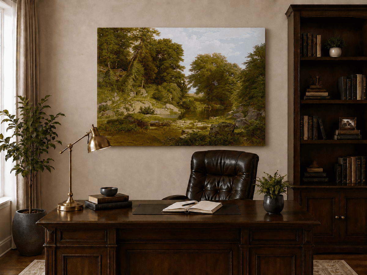 Landscape Oil Painting - Shallow Stream, Rocks, Lush Trees