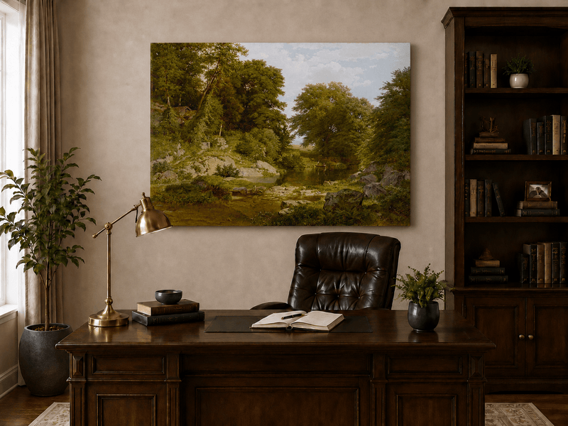 Landscape Oil Painting - Shallow Stream, Rocks, Lush Trees