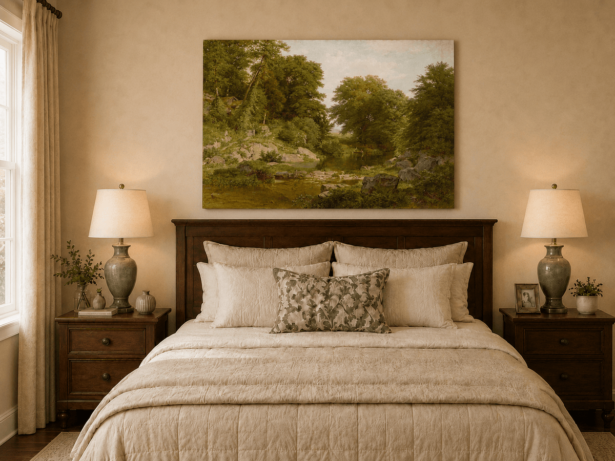 Landscape Oil Painting - Shallow Stream, Rocks, Lush Trees