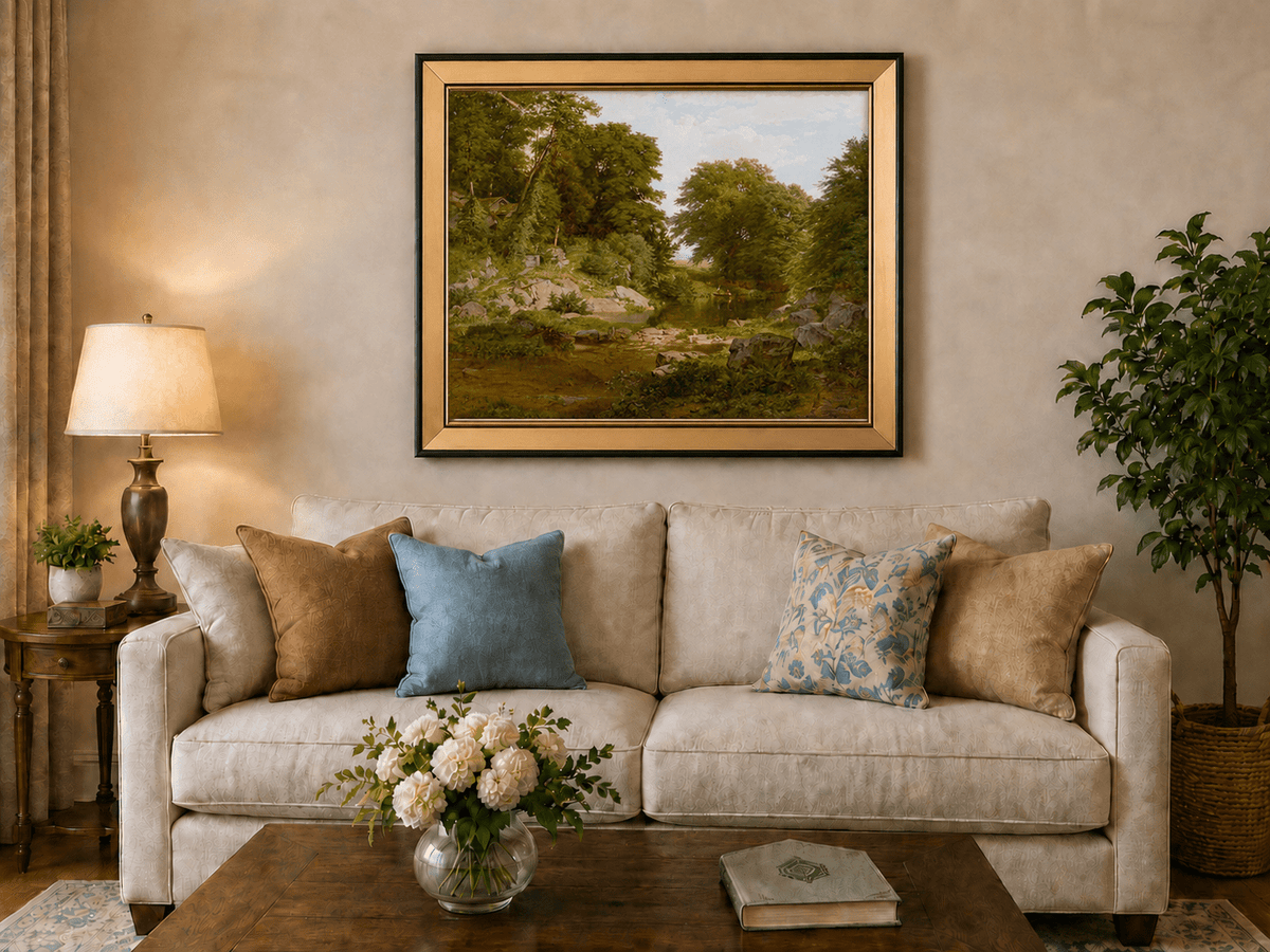 Landscape Oil Painting - Shallow Stream, Rocks, Lush Trees