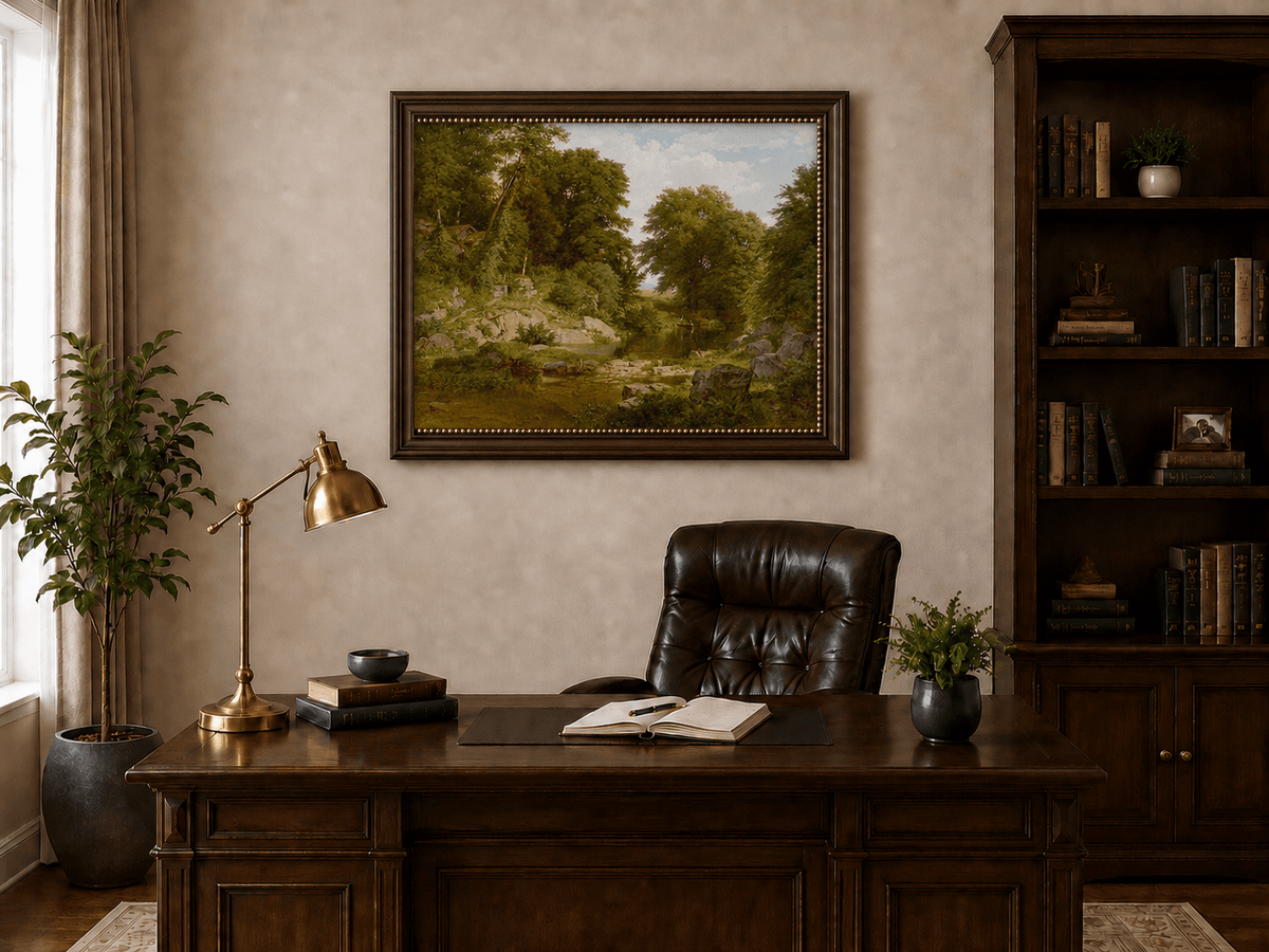Landscape Oil Painting - Shallow Stream, Rocks, Lush Trees