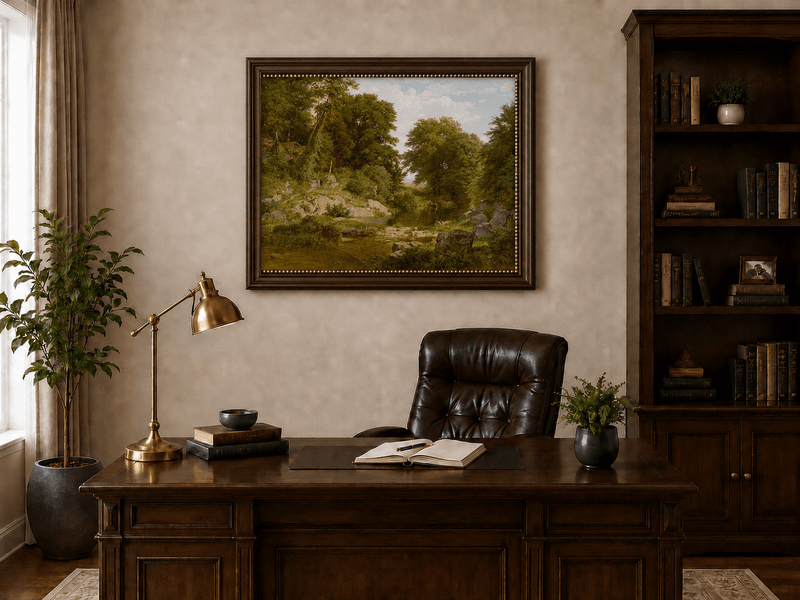 Landscape Oil Painting - Shallow Stream, Rocks, Lush Trees