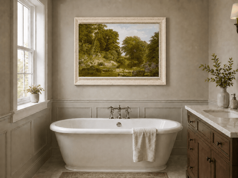 Landscape Oil Painting - Shallow Stream, Rocks, Lush Trees