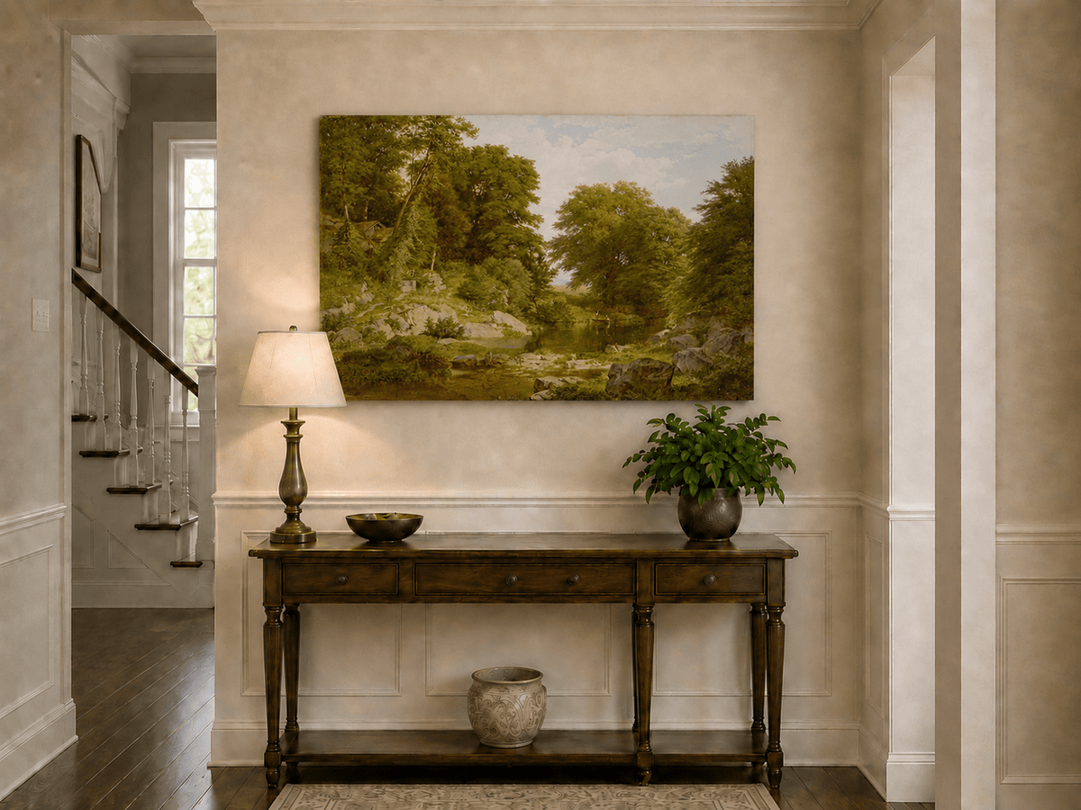 Landscape Oil Painting - Shallow Stream, Rocks, Lush Trees