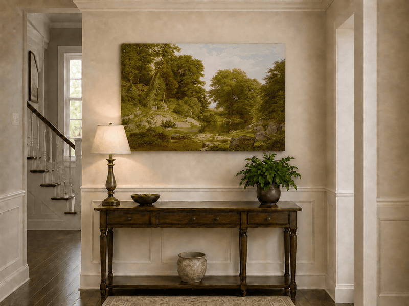 Landscape Oil Painting - Shallow Stream, Rocks, Lush Trees