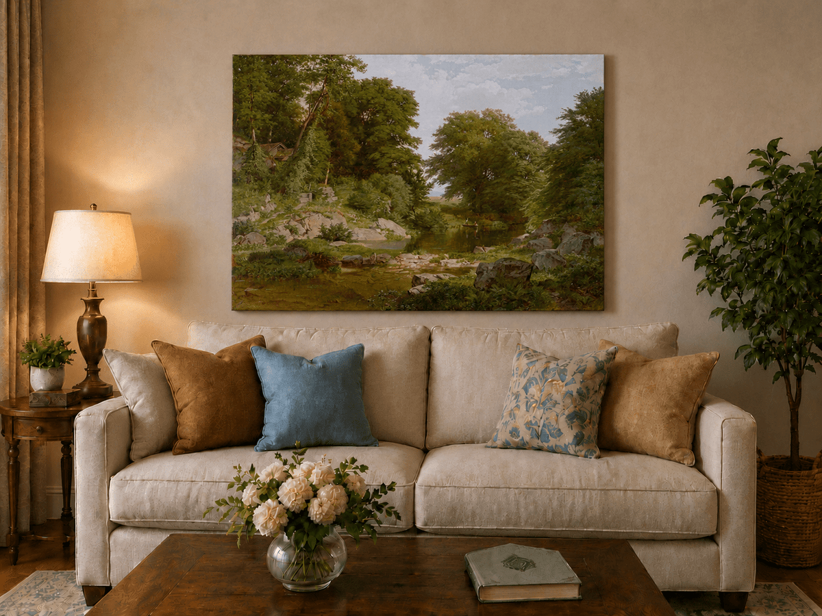Landscape Oil Painting - Shallow Stream, Rocks, Lush Trees